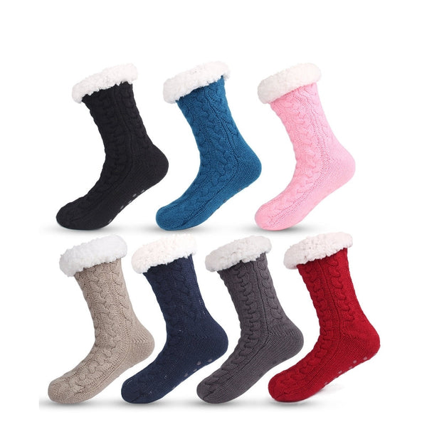 Black Women's Fuzzy Slipper Socks Warm Fleece Lined Thermal Cable Knit With Non Slip Grips Womens Socks