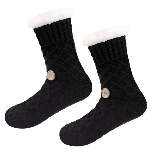 Black Women's Cozy Cable Knit Slipper Socks Plush Fleece Lined Thermal With Non Grips Womens Socks