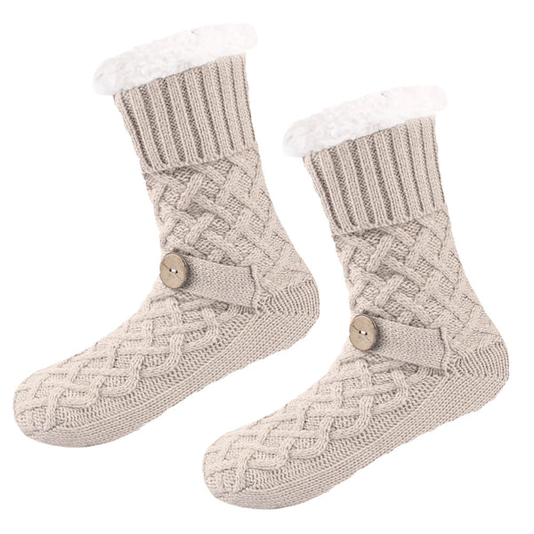 Khaki Women's Cozy Cable Knit Slipper Socks Plush Fleece Lined Thermal With Non Slip Grips Womens Socks