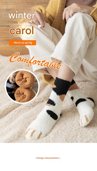 3 Piece Black Cute Cat Paw Fuzzy Socks For Women Plush Thermal Slipper Home & Lounging Womens Socks