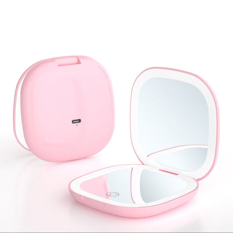 2 Piece Pink Portable Led Makeup Mirror Rechargeable Compact With 3 Color Lights & 5X Magnification Makeup Mirrors