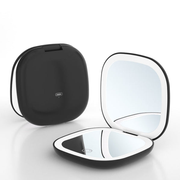 2 Piece Black Portable Led Makeup Mirror Rechargeable Compact With 3 Color Lights & 5X Magnification Makeup Mirrors
