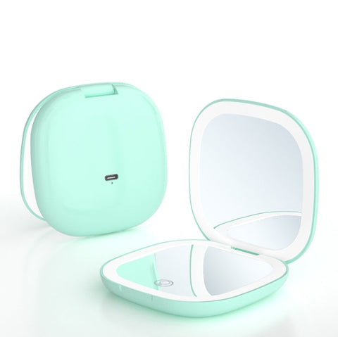 2 Piece Green Portable Led Makeup Mirror Rechargeable Compact With 3 Color Lights & 5X Magnification Makeup Mirrors