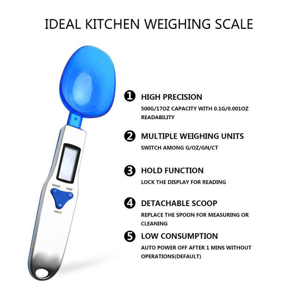 Blue High Precision Digital Spoon Scale Electronic Measuring Scoop With 3 Heads For Kitchen & Baking(500G) Kitchen Scales