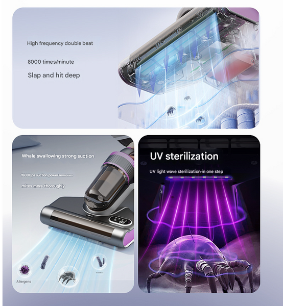 White Advanced Cordless Uv C Dust Mite Vacuum Handheld Cleaner With Hot Air Pulsating Pads & Led Display Vacuum Cleaners