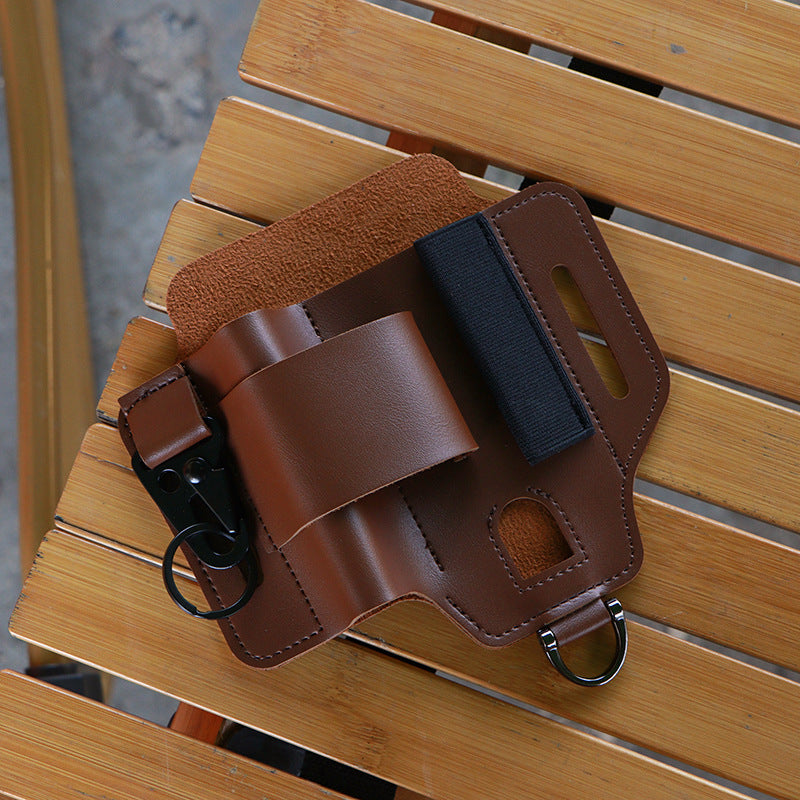 2 Piece Brown Outdoor Edc Tactical Tool Waist Bag Multi Functional Belt Storage Pouch With Flashlight Copper Sleeve And Survival Knife Holder Bags