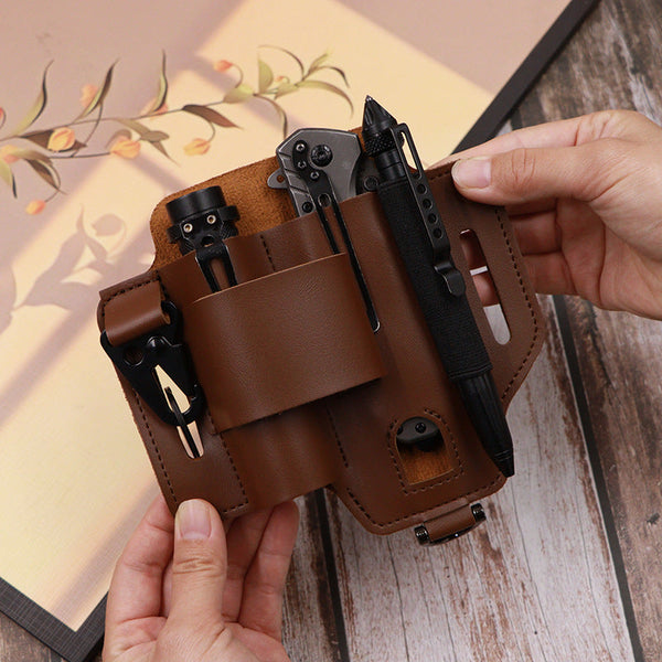 2 Piece Brown Outdoor Edc Tactical Tool Waist Bag Multi Functional Belt Storage Pouch With Flashlight Copper Sleeve And Survival Knife Holder Bags