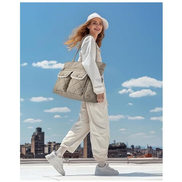 Grayish Brown Women's Multi Pocket Tote Bag Large Quilted Travel Handbag For Work Gym And More Women's Bags & Handbags