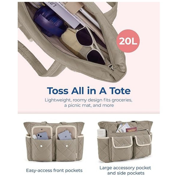 Beige Women's Multi Pocket Tote Bag Large Quilted Travel Handbag For Work Gym And More Women's Bags & Handbags