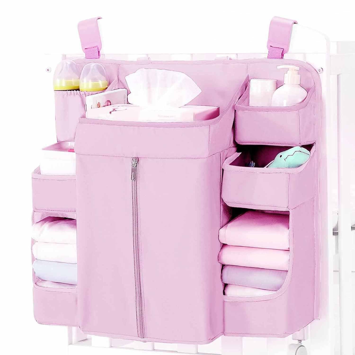Pink Foldable Little One Crib Storage Hanging Bag Large Capacity Organiser For Cribs And Changing Tables Crib Organisers