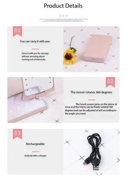 2 Piece Pink Portable Led Makeup Mirror With Brush Foldable Rotatable And Rechargeable Travel Vanity Makeup Mirrors