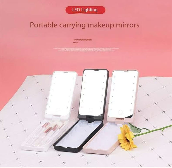 2 Piece White Portable Led Makeup Mirror With Brush Foldable Rotatable And Rechargeable Travel Vanity Makeup Mirrors