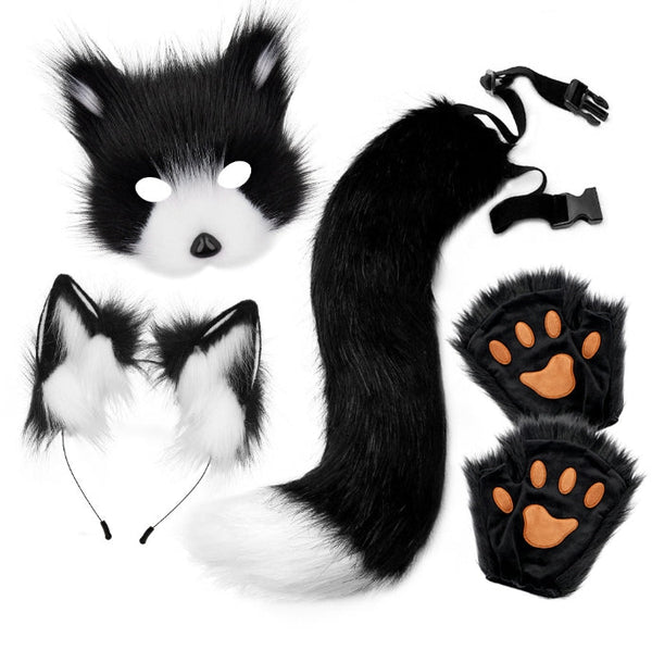 Black And White Halloween Furry Fox Costume Set Plush Mask Ears Headband Tail Paws For Cosplay Other Costume Accessories