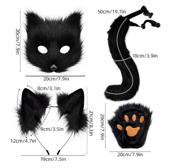 Black And White Halloween Furry Fox Costume Set Plush Mask Ears Headband Tail Paws For Cosplay Other Costume Accessories