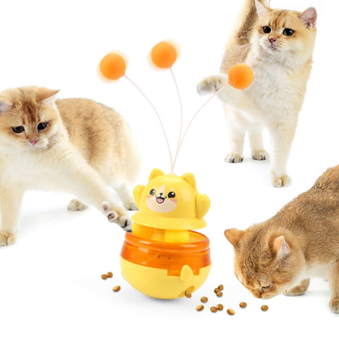 2 Piece Yellow Interactive Cat Tumbler Toy 3 1 Treat Dispensing Puzzle Feeder With Ball Track & Teaser Wand Dog Automatic Feeders