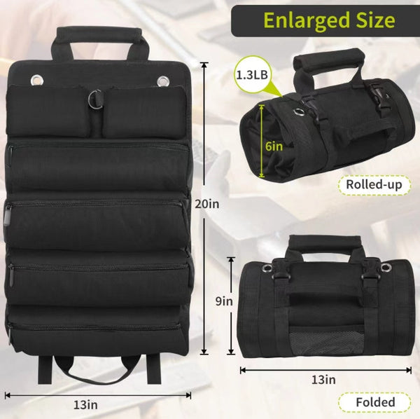 Black Heavy Duty Roll Up Tool Bag Organizer Waterproof 1200D Fabric With 6 Pockets & Detachable Pouches Hand Tool Accessories
