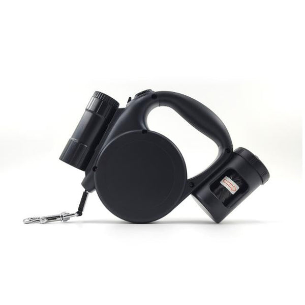 Black 3 In 1 Retractable Dog Leash With Led Flashlight & Poop Bag Dispenser | Heavy Duty Tangle Free For Safe Night Walks Leads & Head Collars