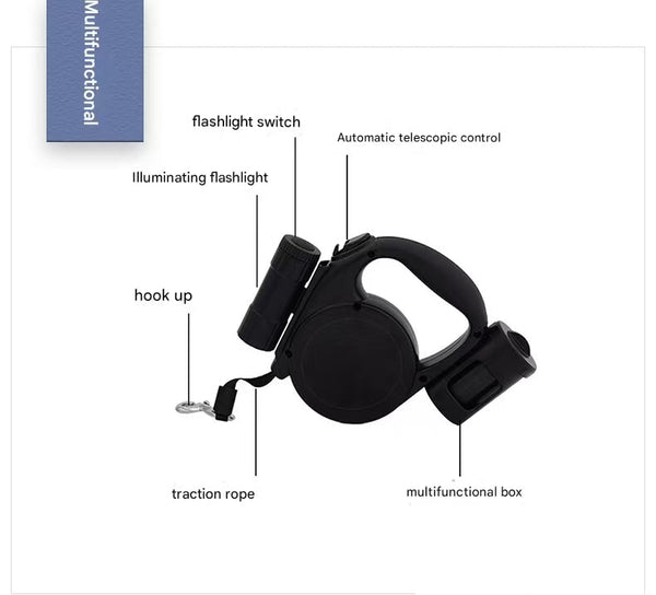 Grey 3 In 1 Retractable Dog Leash With Led Flashlight & Poop Bag Dispenser | Heavy Duty Tangle Free For Safe Night Walks Leads & Head Collars