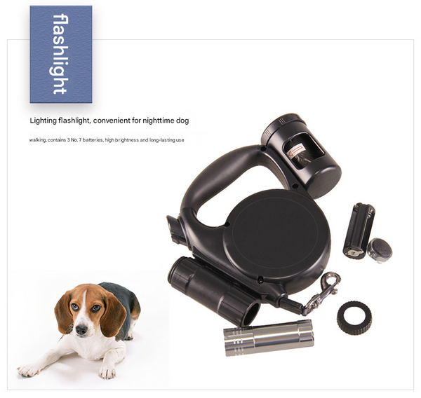 Grey 3 In 1 Retractable Dog Leash With Led Flashlight & Poop Bag Dispenser | Heavy Duty Tangle Free For Safe Night Walks Leads & Head Collars