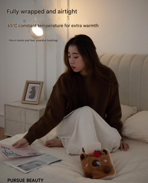 Dark Brown Cozy Capybara Hot Water Bottle With Soft Plush Cover | Leak Proof Pvc Bag For Soothing Pain Relief & Winter Comfort Hot Water Bottles & Cov