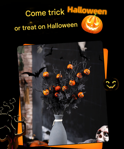 Halloween Black Twig & Pumpkin Stems (2 Pack) Artificial Floral Picks For Spooky Arrangements Seasonal Decorations