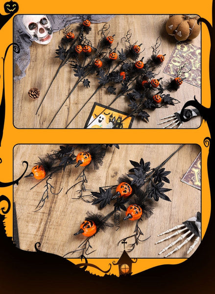Halloween Black Twig & Pumpkin Stems (2 Pack) Artificial Floral Picks For Spooky Arrangements Seasonal Decorations