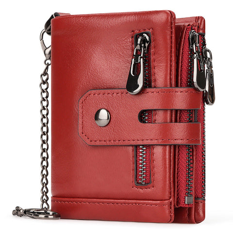 Red Genuine Leather Men's Rfid Blocking Wallet High Capacity Trifold With Zipper Coin Pocket Wallets
