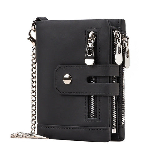 Black Genuine Leather Men's Rfid Blocking Wallet High Capacity Trifold With Zipper Coin Pocket Wallets