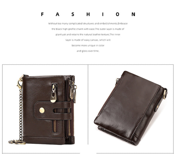 Black Genuine Leather Men's Rfid Blocking Wallet High Capacity Trifold With Zipper Coin Pocket Wallets