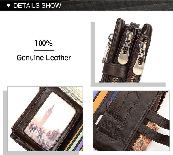 Black Genuine Leather Men's Rfid Blocking Wallet High Capacity Trifold With Zipper Coin Pocket Wallets