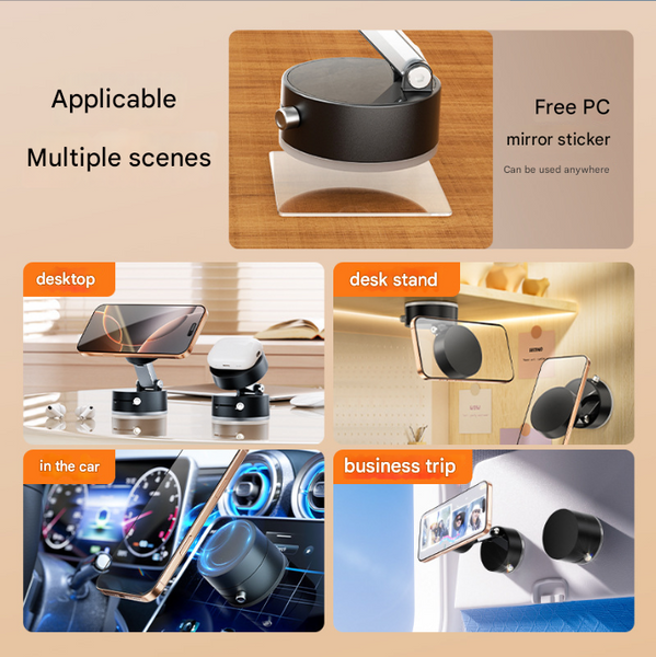 Black Multi Functional Vacuum Suction Cup Stand Foldable Extendable Kitchen Lazy Person's Dual Sided Magnetic Phone Holder Mounts & Holders