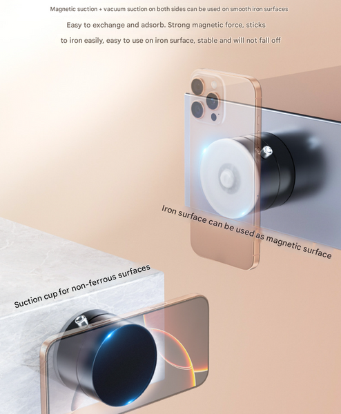 Black Multi Functional Vacuum Suction Cup Stand Foldable Extendable Kitchen Lazy Person's Dual Sided Magnetic Phone Holder Mounts & Holders