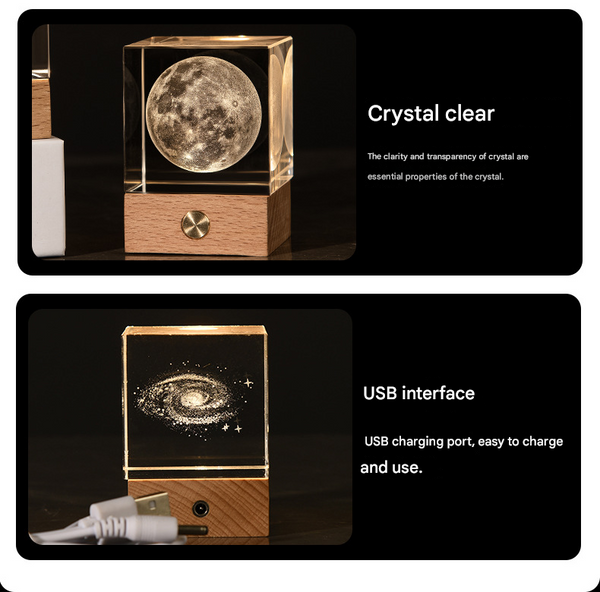 Stroll Through The Starry Sky Luminous 3D Crystal Cube Night Light Laser Engraved Artwork With Solid Wood Base Night Lights