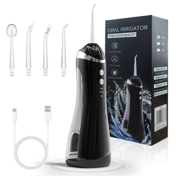 Black Cordless Water Flosser & Oral Irrigator Portable Teeth Cleaner With 3 Modes 4 Jet Tips Dental Floss & Flossers