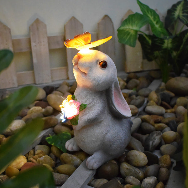 Rabbit And Butterfly Charming Solar Powered Animal Garden Statue Waterproof Resin Figurine With Glowing Led Accents Sculptures & Figurines