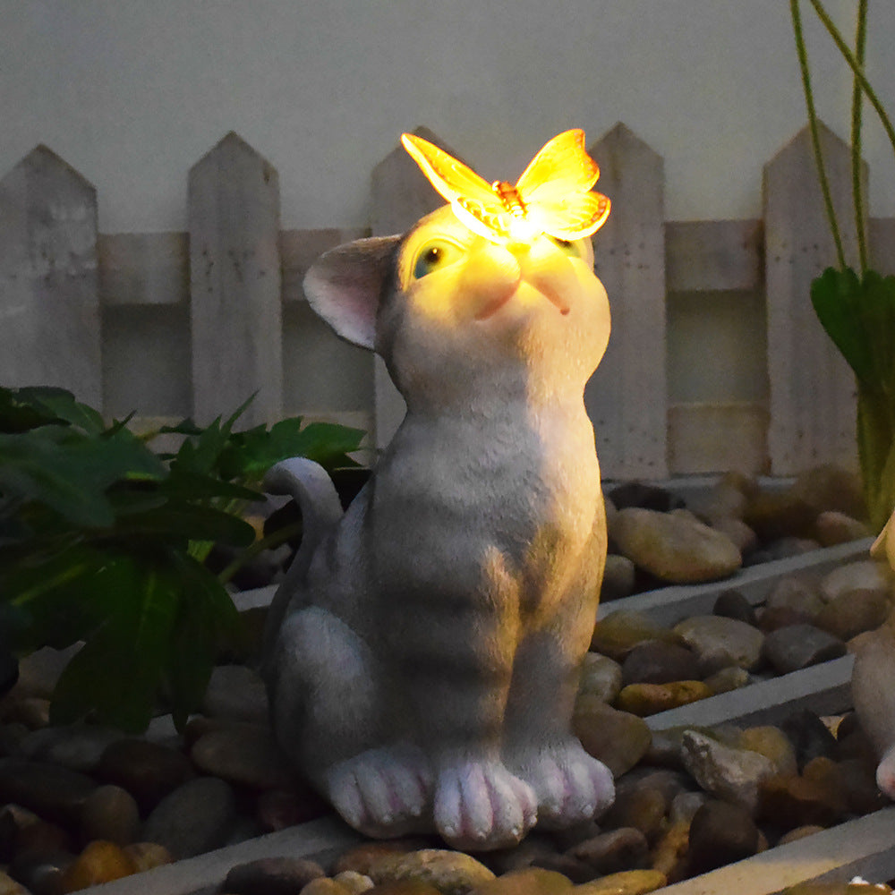 Cats And Butterflies Charming Solar Powered Animal Garden Statue Waterproof Resin Figurine With Glowing Led Accents Sculptures & Figurines