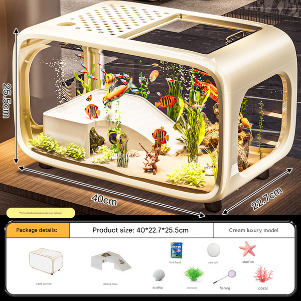 Cream Color Modern Desktop Aquarium & Turtle Tank Panoramic Viewing Fish With Basking Platform Lid Aquariums