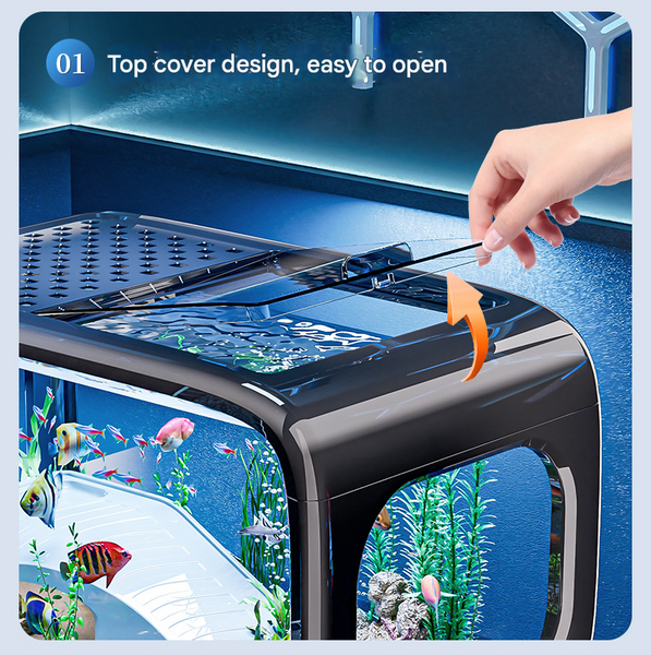 Cream Color Modern Desktop Aquarium & Turtle Tank Panoramic Viewing Fish With Basking Platform Lid Aquariums