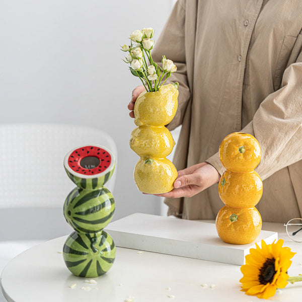 Lemon Whimsical Stacked Fruit Ceramic Vase Nordic Style Flower Holder For Modern Home Decor Vases