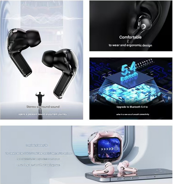 Black Smart Tws With Full Color Lcd Touchscreen Case Bluetooth 5.4 Hifi Stereo & Enc Noise Cancelling Earbuds