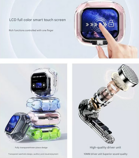 Black Smart Tws With Full Color Lcd Touchscreen Case Bluetooth 5.4 Hifi Stereo & Enc Noise Cancelling Earbuds