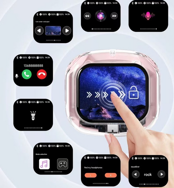 Black Smart Tws With Full Color Lcd Touchscreen Case Bluetooth 5.4 Hifi Stereo & Enc Noise Cancelling Earbuds