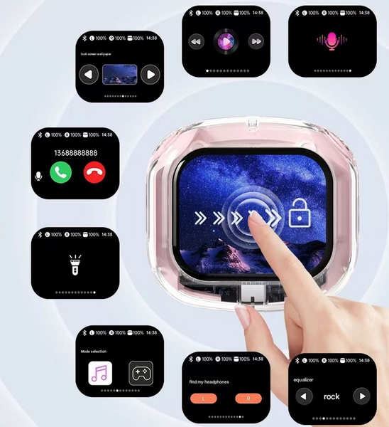 Pink Smart Tws With Full Color Lcd Touchscreen Case Bluetooth 5.4 Hifi Stereo & Enc Noise Cancelling Earbuds