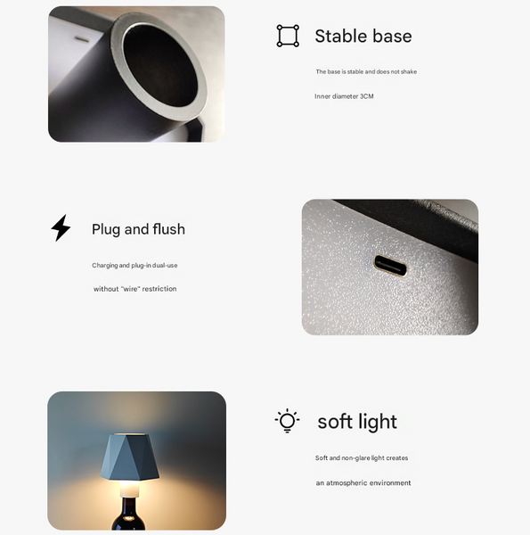 Triangular Black Cordless Led Bottle Lamp Rechargeable Touch Control Table Light With 3 Color Modes Lamps