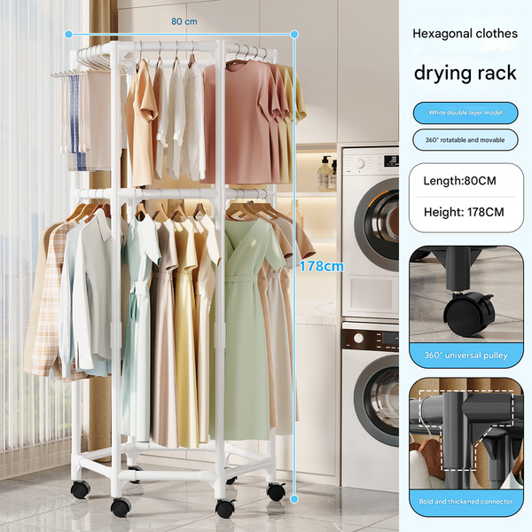 White Double Layer 360 Rotating Portable Garment Rack Heavy Duty Rolling Clothes Stand With Wheels For Bedroom & Laundry Garment Racks