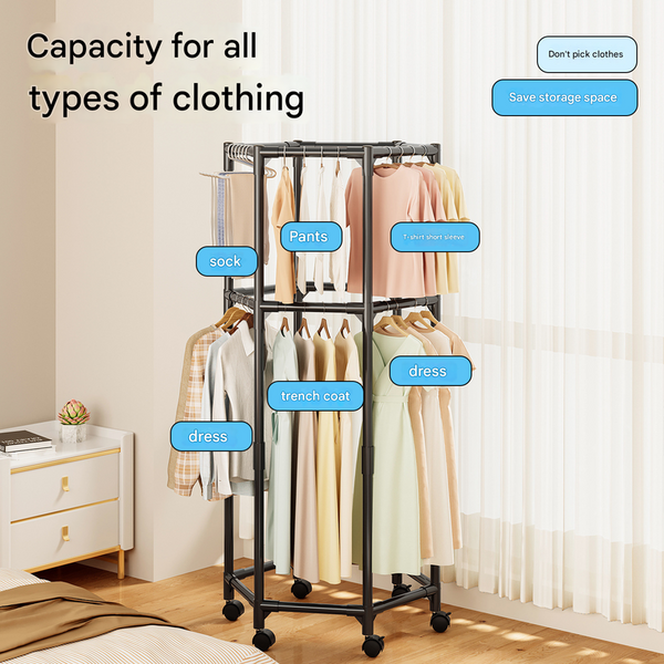 White Double Layer 360 Rotating Portable Garment Rack Heavy Duty Rolling Clothes Stand With Wheels For Bedroom & Laundry Garment Racks