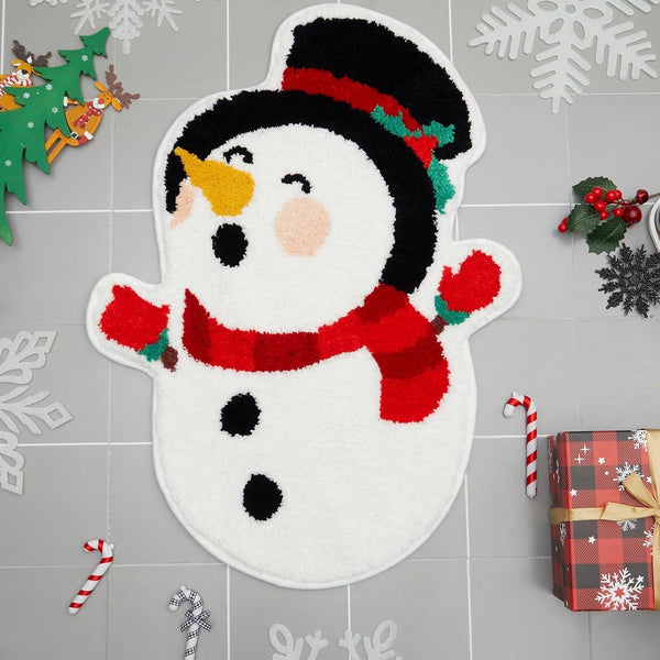 White Snowman Festive Christmas Shaped Floor Mat Plush Non Slip Holiday Accent Rug(Style 3) Seasonal Decorations
