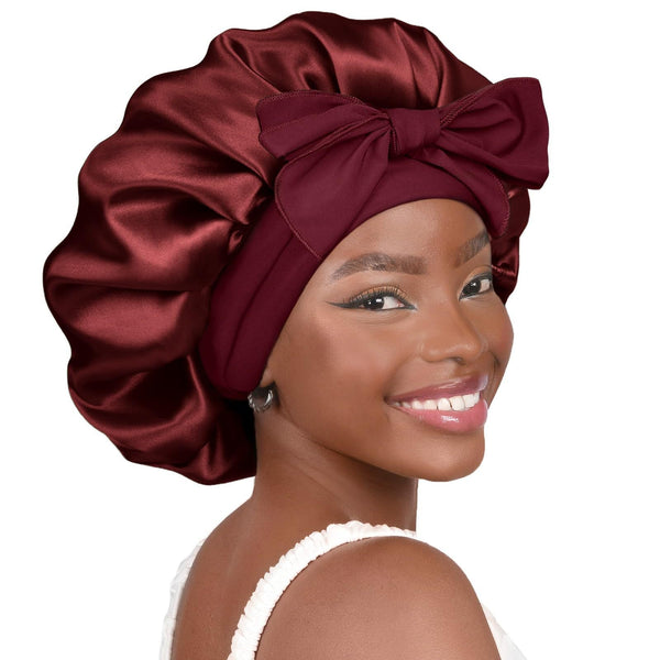 Wine Red Luxury Double Layer Satin Bonnet With Bow Tie Large Hair Protection Sleep Cap For All Types Hair Accessories
