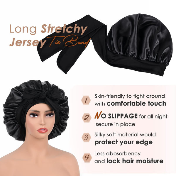Wine Red Luxury Double Layer Satin Bonnet With Bow Tie Large Hair Protection Sleep Cap For All Types Hair Accessories