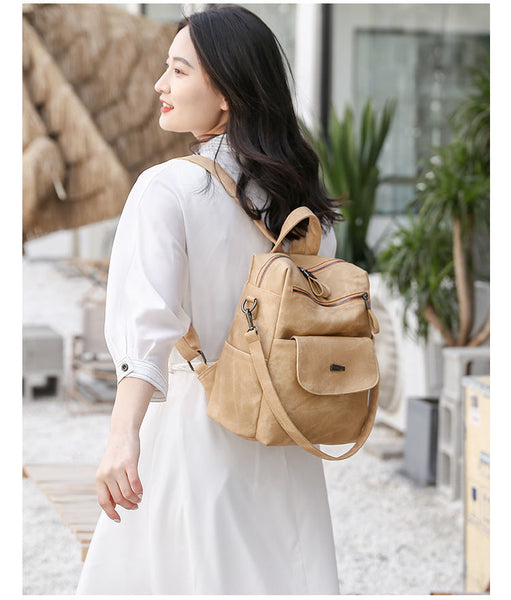 Stylish Women's Pu Leather Backpack Versatile Shoulder Bag With Multiple Pockets Khaki Women's Bags & Handbags